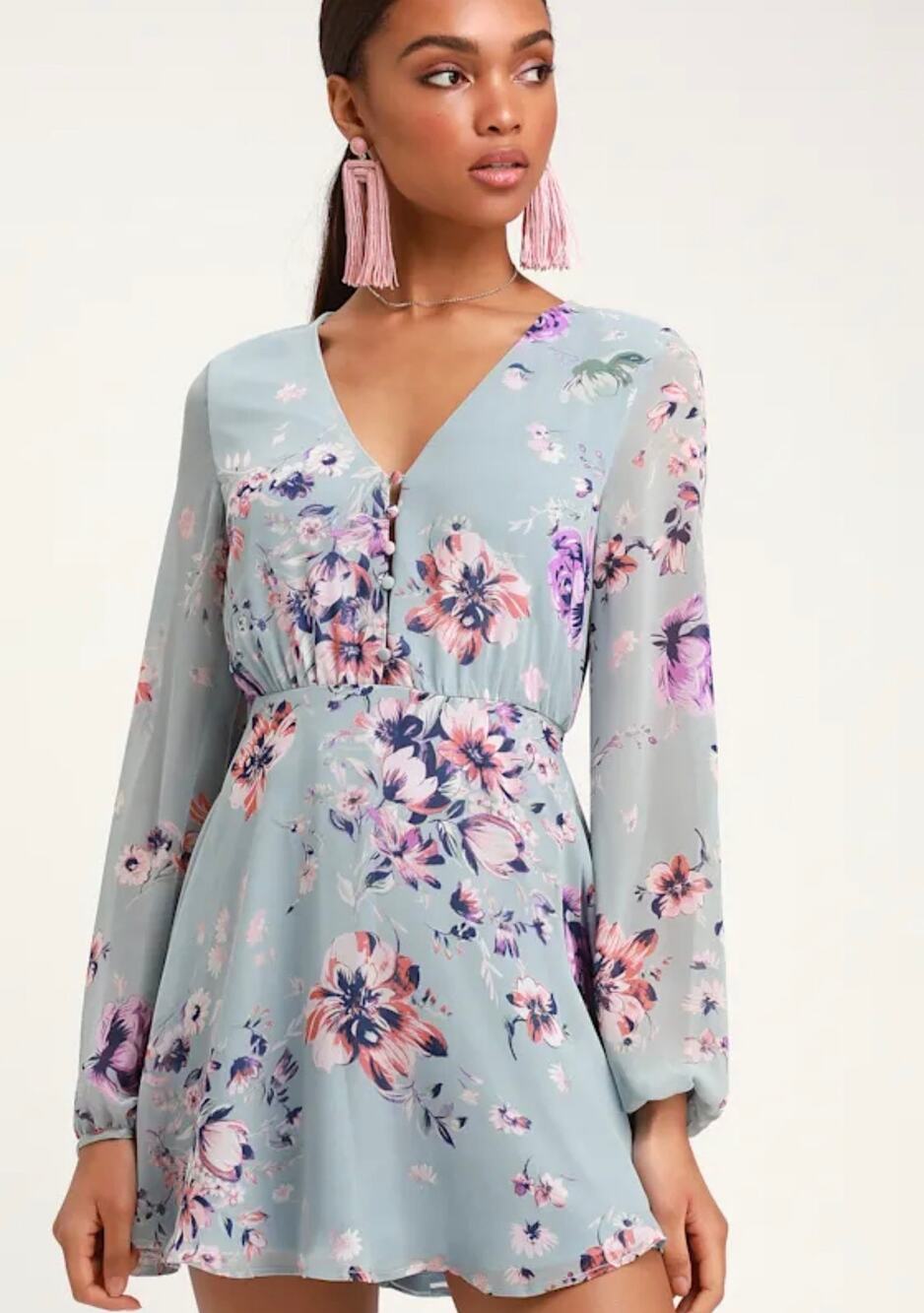 New Lulus Always Yours Light Blue Floral Print Long Sleeve Skater Dress Sz L - Picture 1 of 7